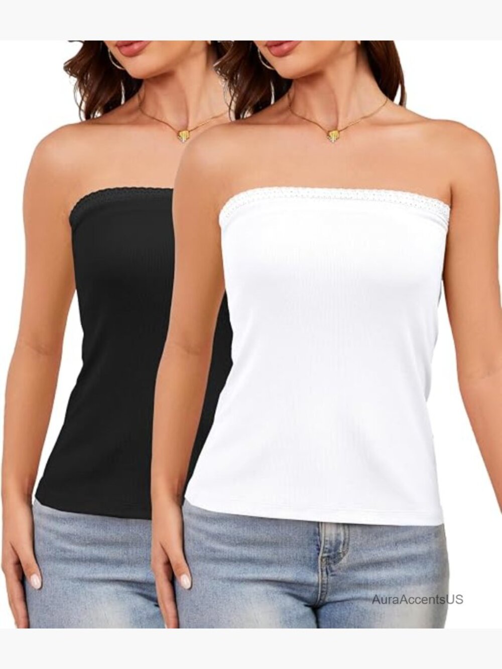 2 Pack Lace Trim Ribbed Tube Tops Women Strapless Bandeau Top